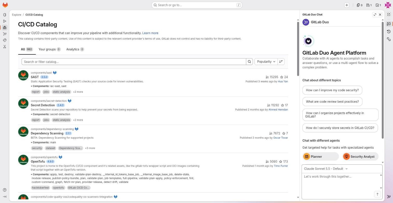 CI/CD Catalog page with the Duo Agent Platform panel open